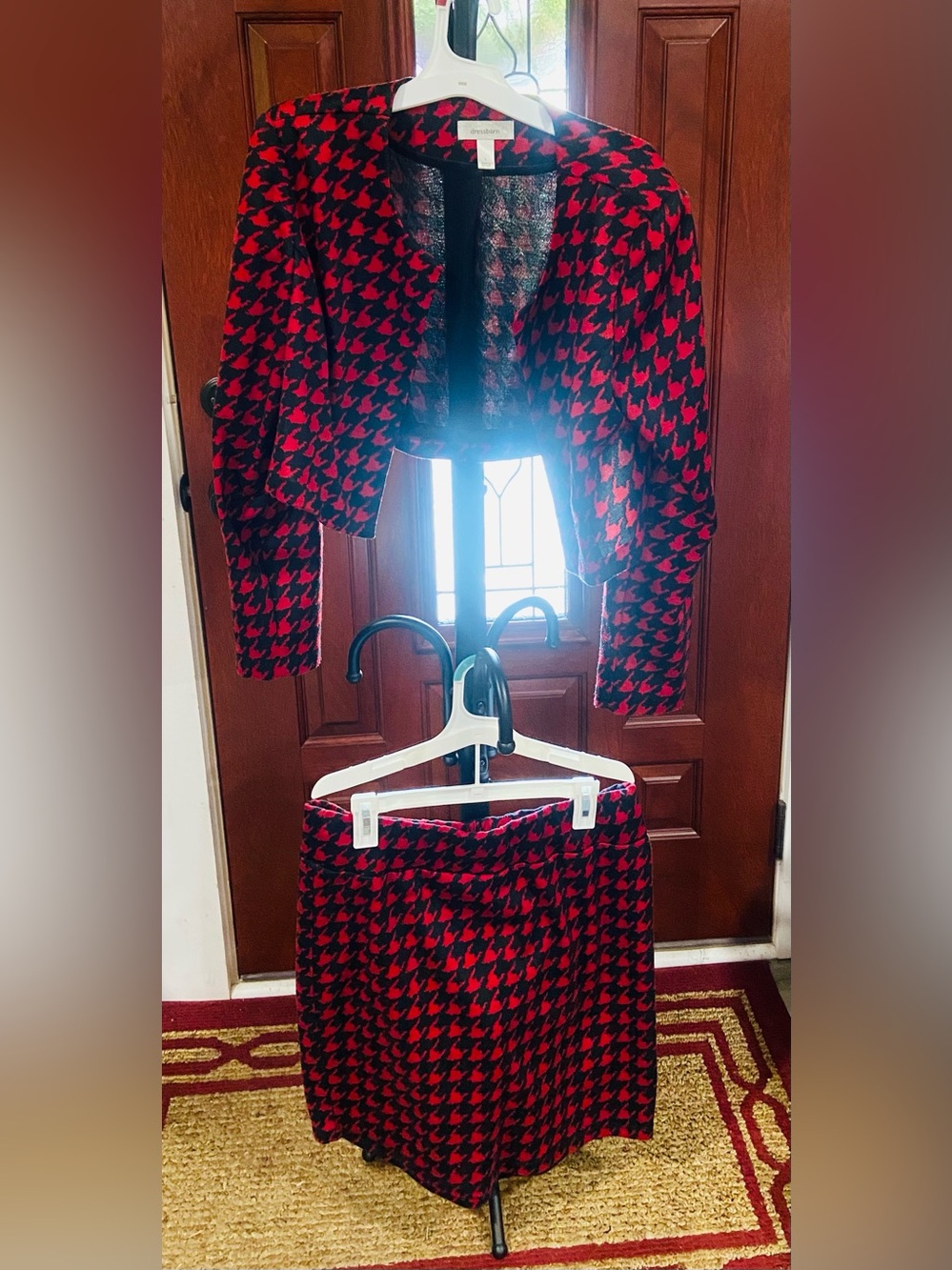 Dress Barn Red and Black Houndstooth Blazer and Skirt Set